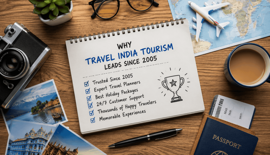 Travel planning essentials on wooden desk