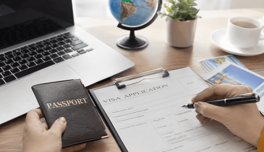 Visa application workspace with globe